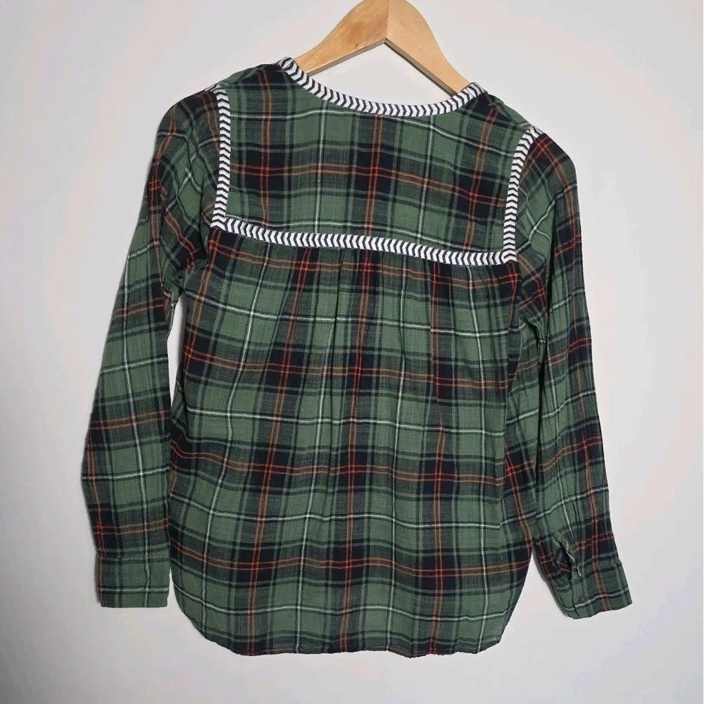 J.Crew Plaid Blouse Women Size 0 Green 100% Cotton Embroidered Boho Top